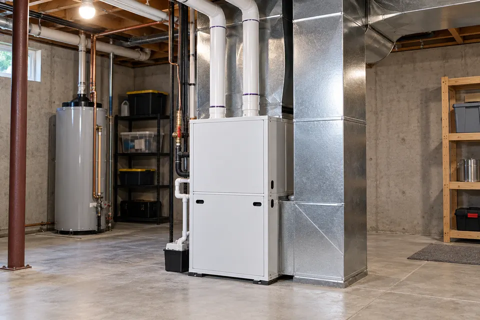 Generated illustration of a residential furnace installation plan.