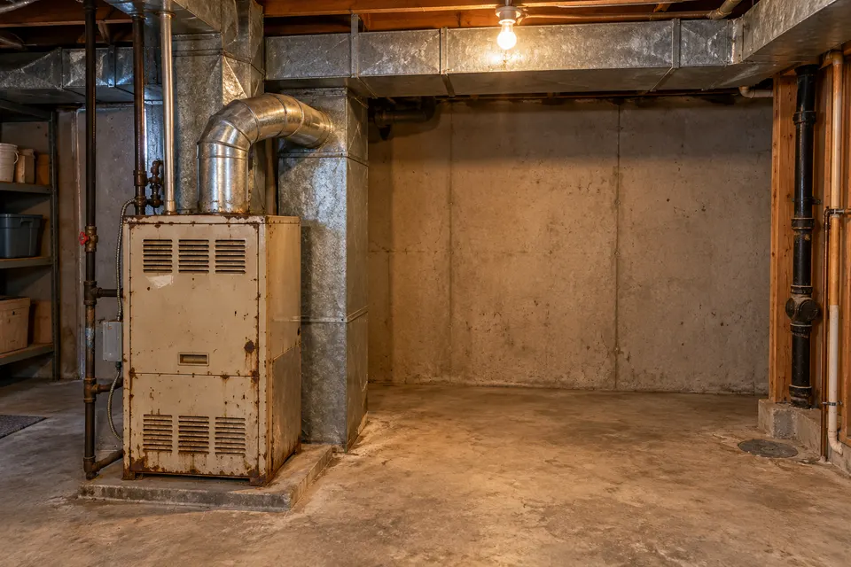 Generated illustration of a closed residential furnace and project plans.
