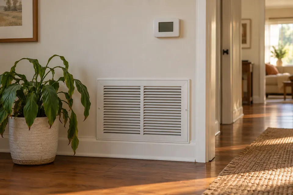 Generated illustration of home heating and central cooling equipment.
